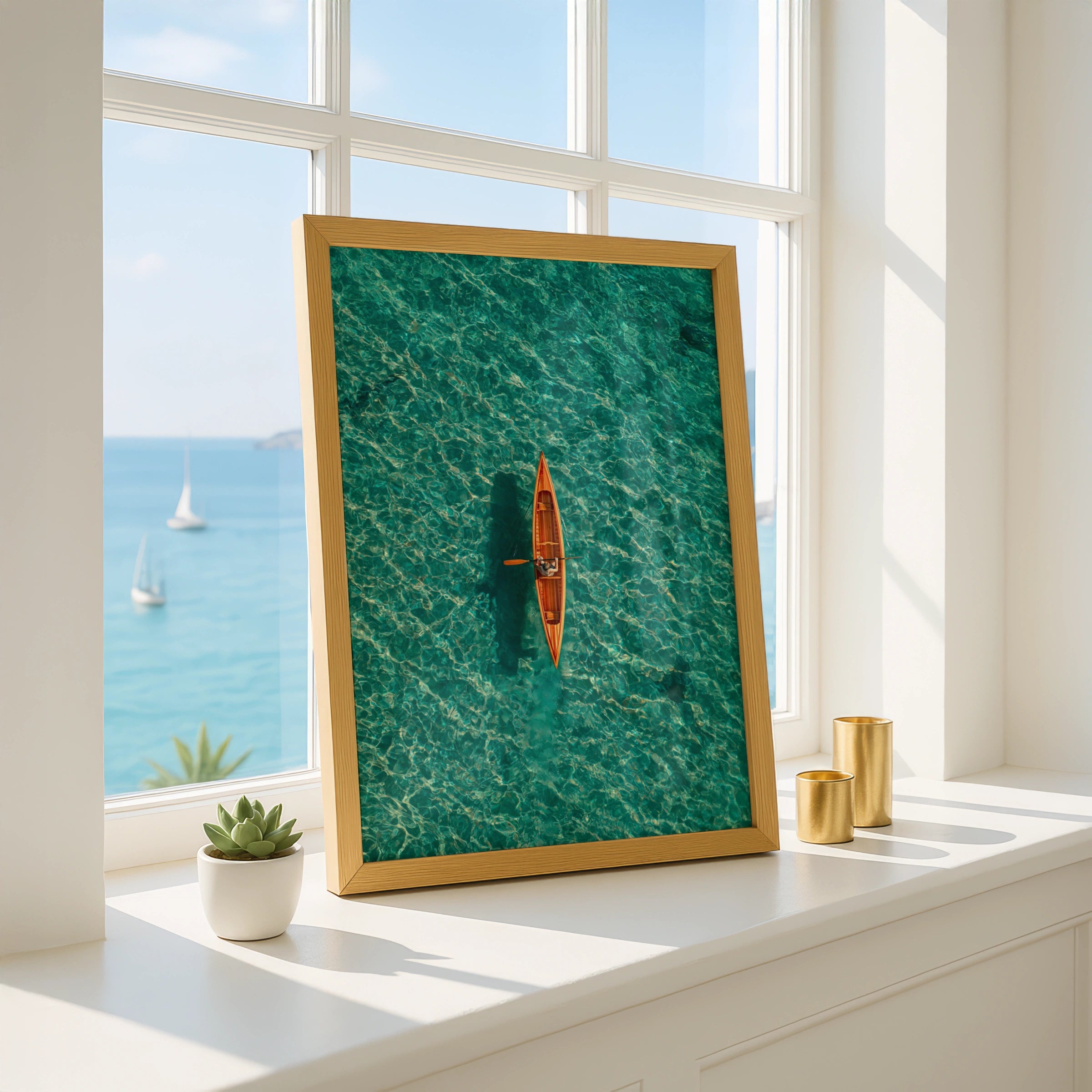Orange Canoe Kayak Aerial View, Teal Ocean Wall Art Poster, Minimalist