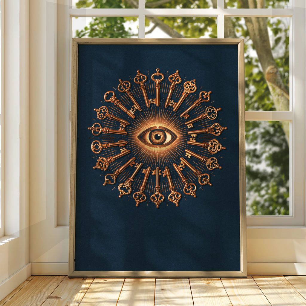 All Seeing Eye Keys Pattern Poster, Mystical Occult Wall Art, Navy Copper