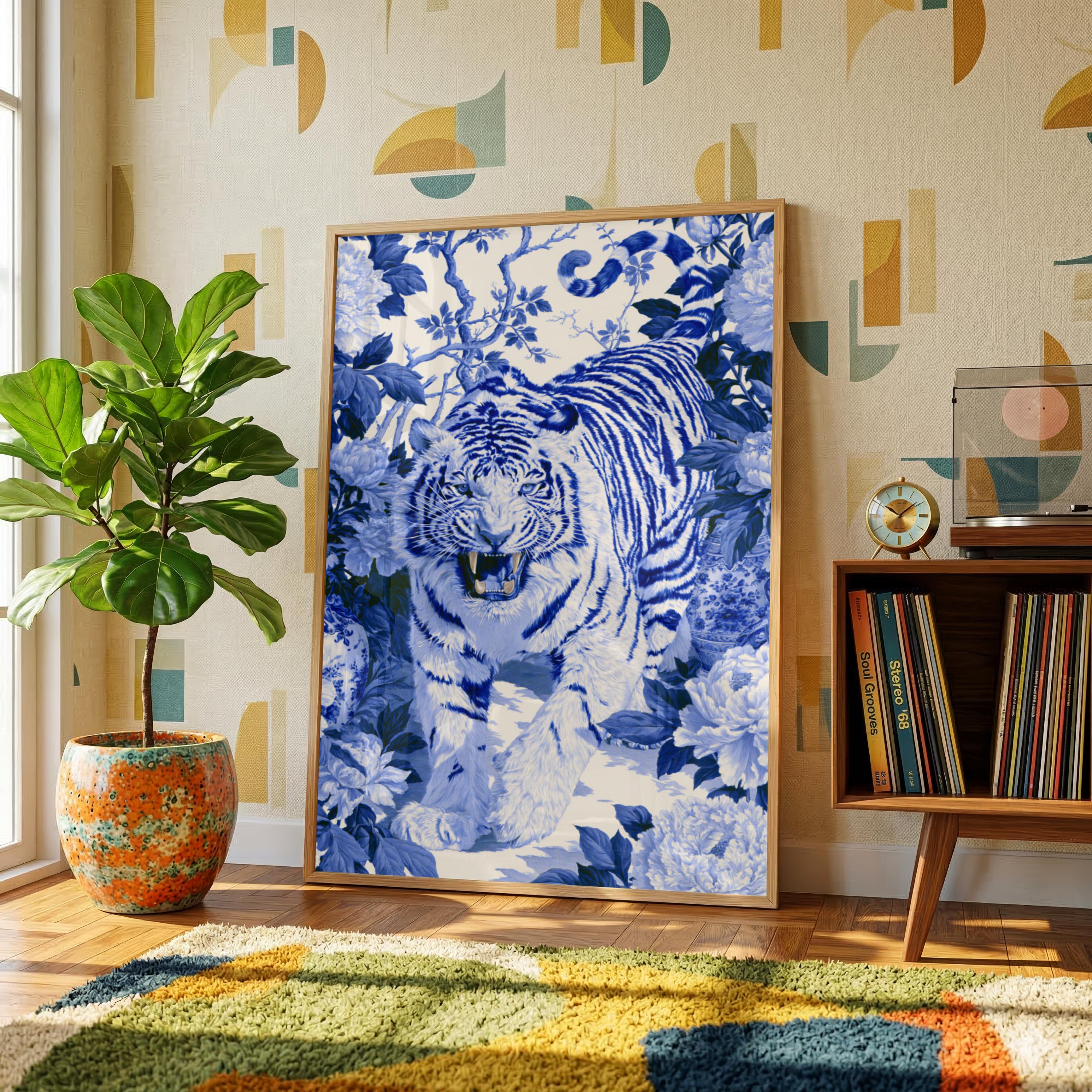 Blue Tiger Wall Art, Chinoiserie Animal Print, Botanical Illustration, Blue White Decor